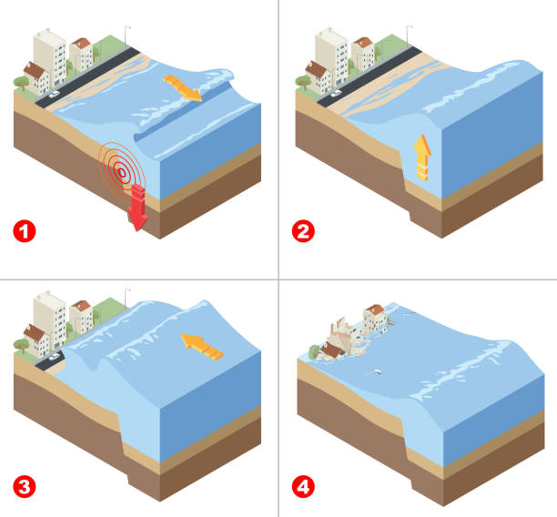 ilustrações de stock, clip art, desenhos animados e ícones de tsunami disaster infographic - isometric sea coastline beach