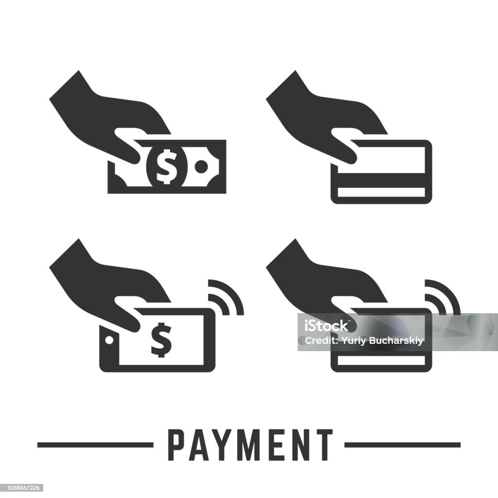 Vector payment icon set, hand with cash money, card and smartphone for bank or online pay silhouette business symbol. Contactless Payment stock vector