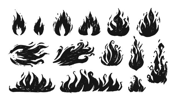 satz von handgezeichneten flammen. vektor - fire stock-grafiken, -clipart, -cartoons und -symbole