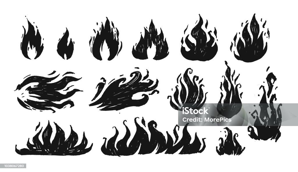Set of hand drawn flames. Vector Fire - Natural Phenomenon stock vector