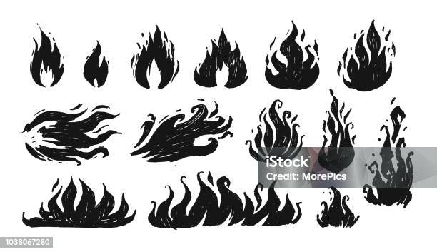 Set Of Hand Drawn Flames Vector Stock Illustration - Download Image Now - Fire - Natural Phenomenon, Flame, Illustration