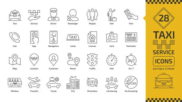 Vector illustration of Vector taxi cab car service editable stroke line icon set with motor transport, driver, passenger on travel, people and city traffic thin outline sign.