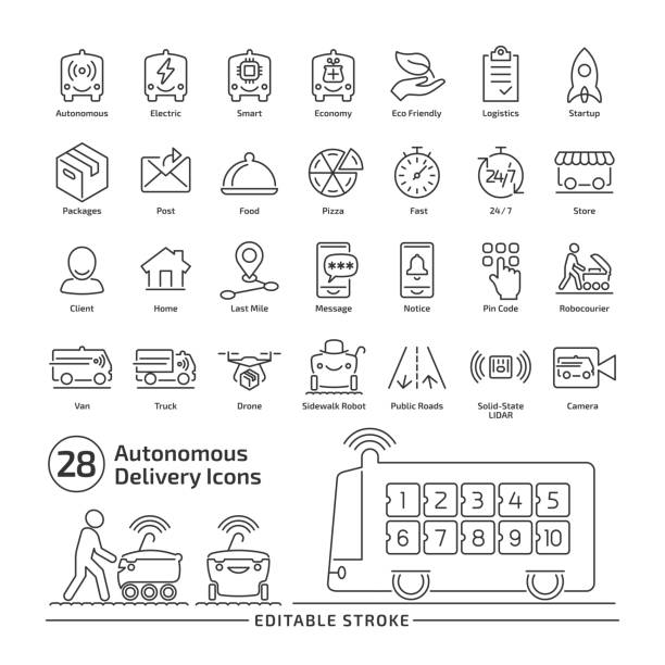 Driverless delivery vehicle editable stroke line icon set with thin outline illustration of van and robocourier for packages and food transportation. Driverless delivery vehicle editable stroke line icon set with thin outline illustration of van and robocourier for packages and food transportation. sidewalk icon stock illustrations