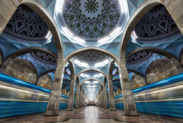 Symmetric Metro Station Architecture in Central Tashkent, Uzbekistan taken in August 2018 stock photo