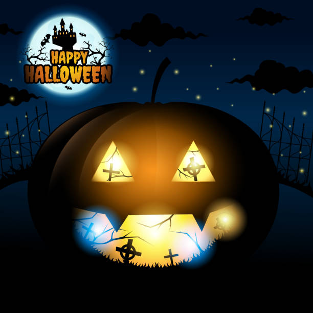 istock Happy halloween and bats fly around dark castle on blue Moon background, Big pumpkins in cemetery, vector illustration. 1038075084