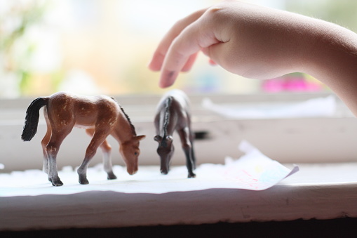 Creative close up on three plastic Horse Toy Figurine, two small with one adult white Horse with wings, and a child girl hands playing with them on the window.
