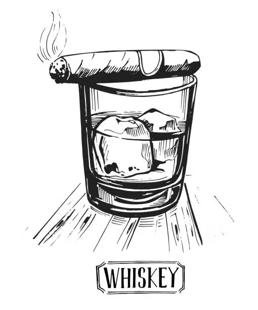 Vector illustration of A glass of whiskey with ice and a cigar. Isolated on white background. Hand drawn illustration converted to vector.