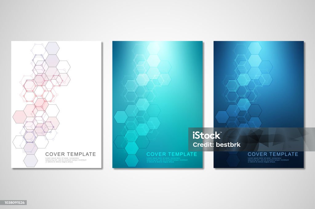 Vector covers or brochure for medicine, science and digital technology. Geometric abstract background with hexagons pattern. Molecular structure and chemical compounds. Vector covers or brochure for medicine, science and digital technology. Geometric abstract background with hexagons pattern. Molecular structure and chemical compounds Octagon stock vector