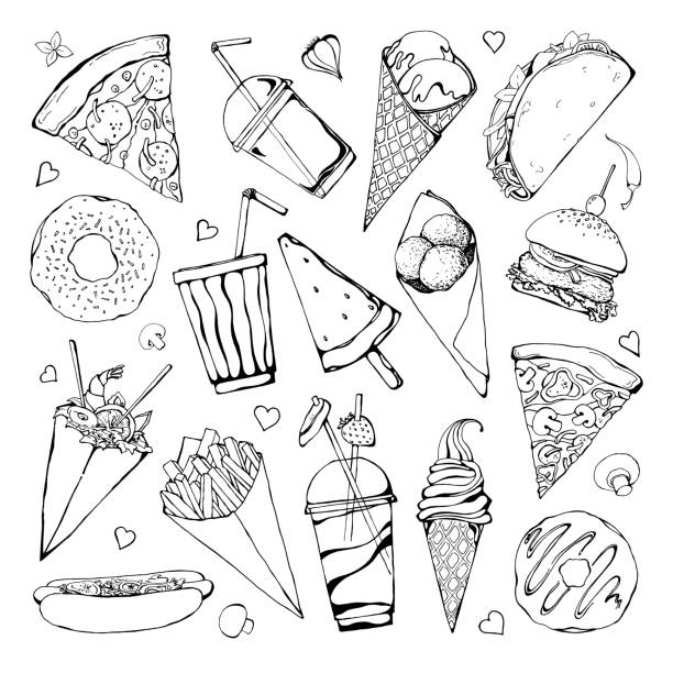 illustrations, cliparts, dessins animés et icônes de ensemble de différent fast-food. illustration vectorielle dans le style de croquis. - cream ice symbol french fries
