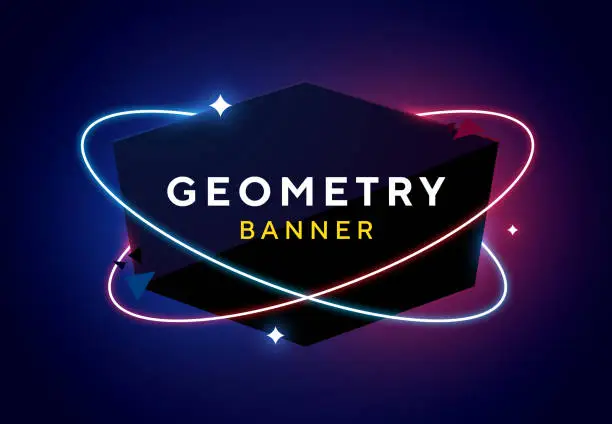 Vector illustration of Vector geometric dark glossy banner with neon orbits.