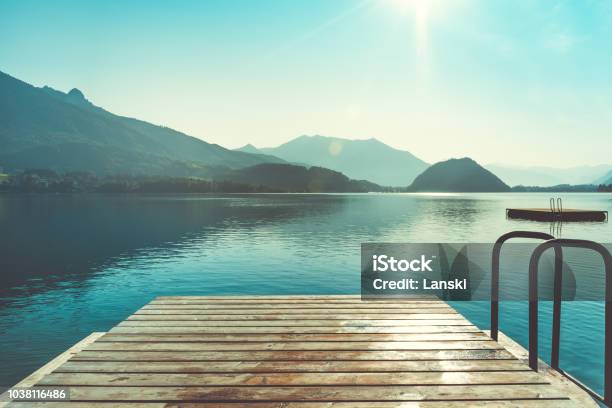 Wooden Jetty For Swimming Stock Photo - Download Image Now - Lake, Summer, Jetty