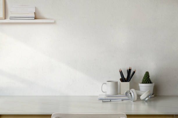 istock Working Space, Marble desk table with supplies and copy space. 1038132998