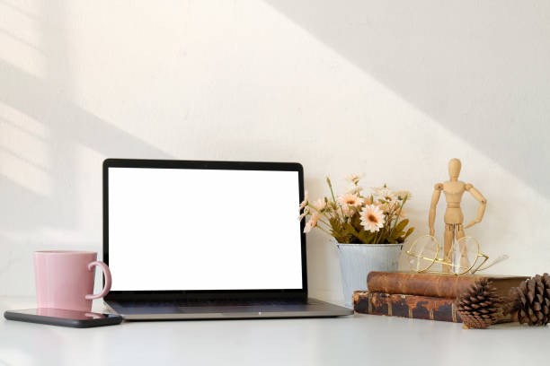 istock Workspace mockup laptop and supplies. 1038133192