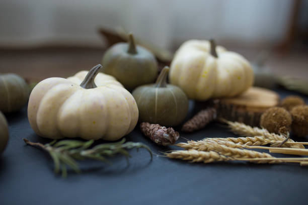Autumn still life with pumpkins, wheat and spices