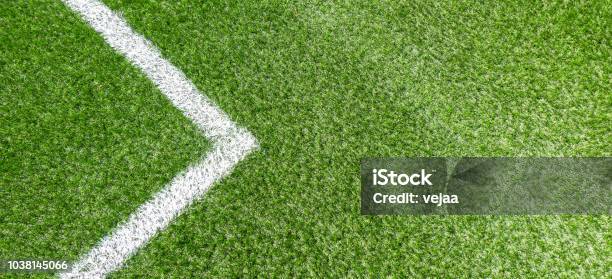 Green Synthetic Grass Soccer Sports Field With White Corner Stripe Line Stock Photo - Download Image Now