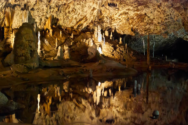Reflections of stalactites in Luray cavern,USA.