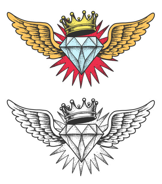 diament ze skrzydłami i koroną. - tatuaże z diamentami stock illustrations