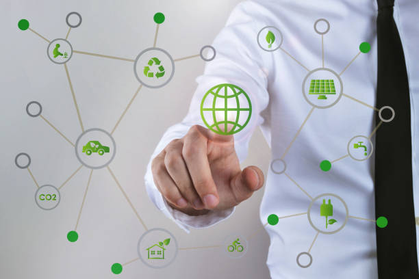 istock Businessman touch screen concept - energy, technology, power and recycling 1038165982