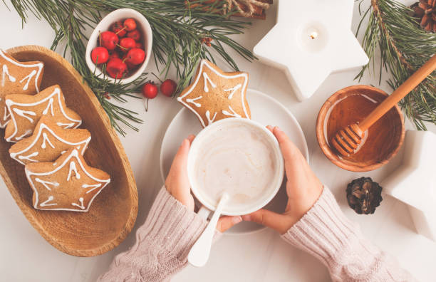 istock Christmas flat lay with ginger cookies and cocoa. Christmas background concept. 1038169932