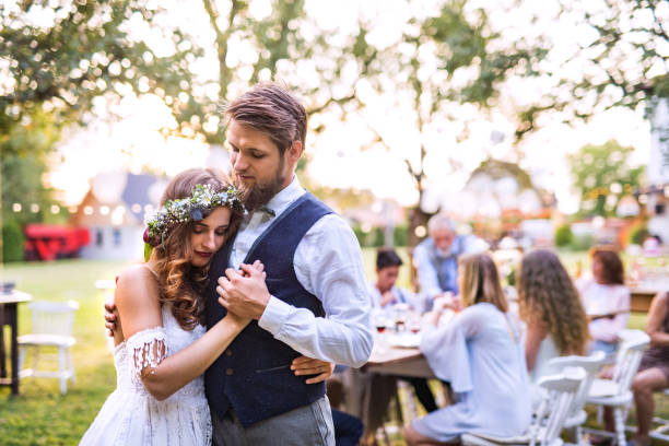 istock Bride and groom dancing at wedding reception outside in the backyard. 1038176716