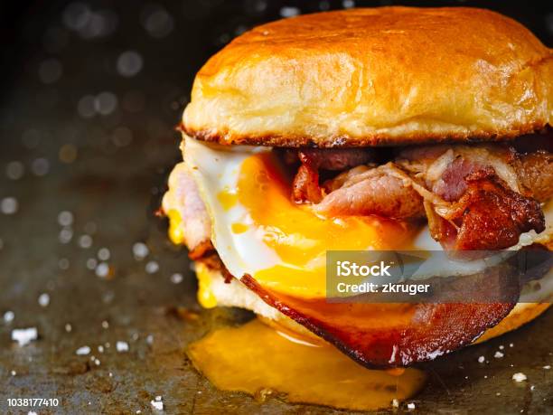 Rustic Bacon Egg Breakfast Sandwich Bun Stock Photo - Download Image Now - Breakfast, Sandwich, Bacon