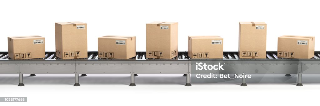 E-commerce, delivery and packaging service concept. Cardboard boxes on conveyor line isolated on white background. E-commerce, delivery and packaging service concept. Cardboard boxes on conveyor line isolated on white background. 3d illustration Conveyor Belt Stock Photo