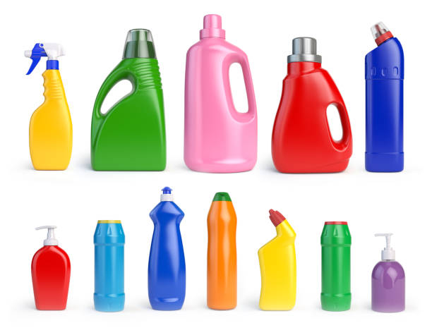 conjunto de botellas de detergente y contenedores, limpieza y lavado de materiales, - coloured bottles fotografías e imágenes de stock