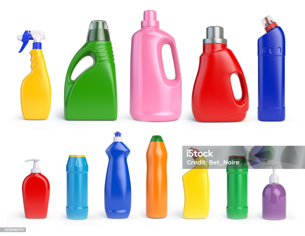 Set of detergent bottles and containers, cleaning and washing supplies, Set of detergent bottles and containers, cleaning and washing supplies, 3d illustration Cleaning Product Stock Photo