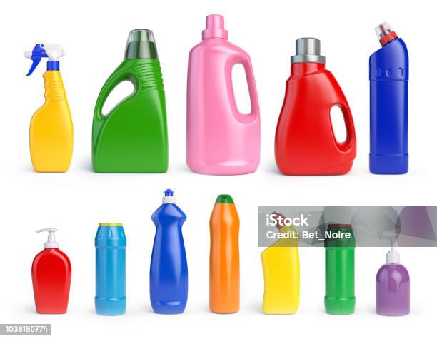Set Of Detergent Bottles And Containers Cleaning And Washing Supplies Stock Photo - Download Image Now