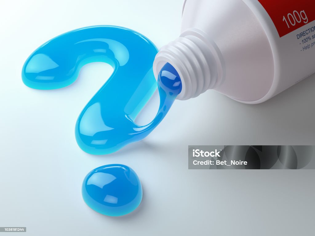 Toothpaste in the shape of question mark coming out from toothpaste tube. Brushing teeth dental concept. Toothpaste in the shape of question mark coming out from toothpaste tube. Brushing teeth dental concept. 3d illustration Toothpaste Stock Photo