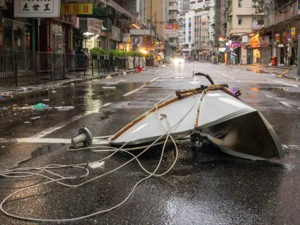 debris damage on the street during typhoon Ompong (Mangkhut) hit Hong Kong