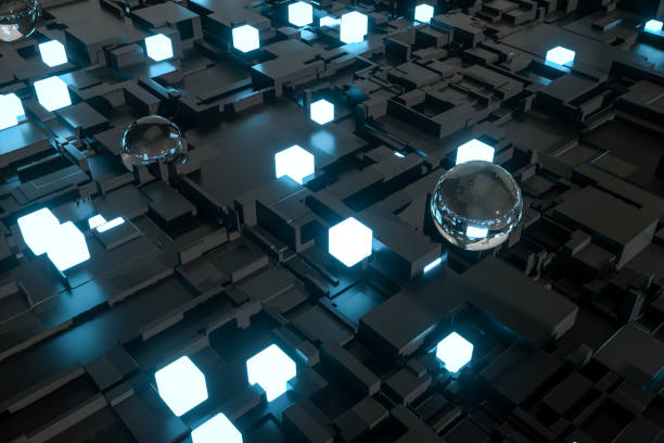 istock 3d rendering, Fireball, Glass balls and luminescent squares 1038184310