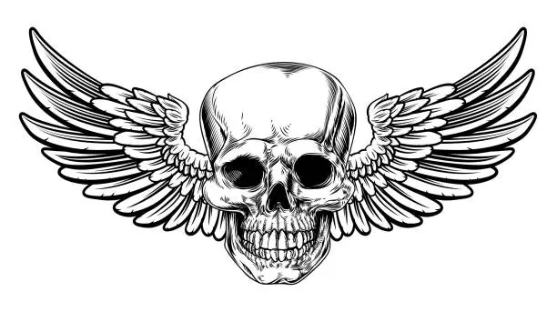 Vector illustration of Winged Skull Vintage Woodcut Etched Style