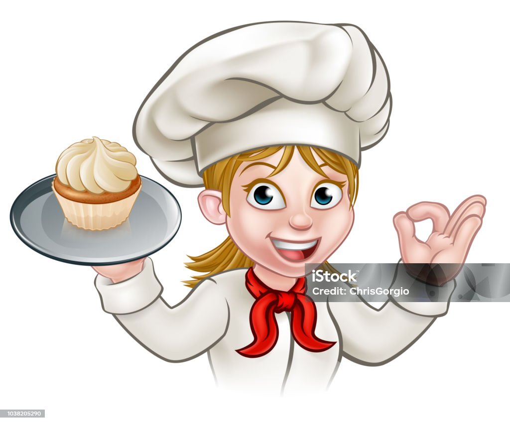 Dessin animé femme pâtissier Boulanger avec Cupcake - clipart vectoriel de Faire cuire au four libre de droits
