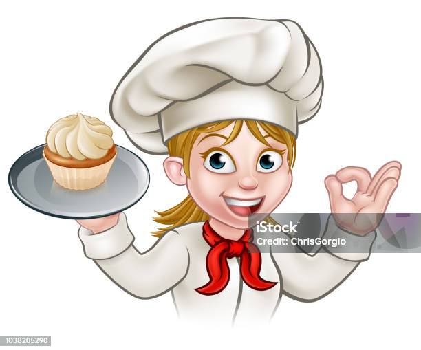 Dessin Animé Femme Pâtissier Boulanger Avec Cupcake Vecteurs libres de droits et plus d'images vectorielles de Faire cuire au four