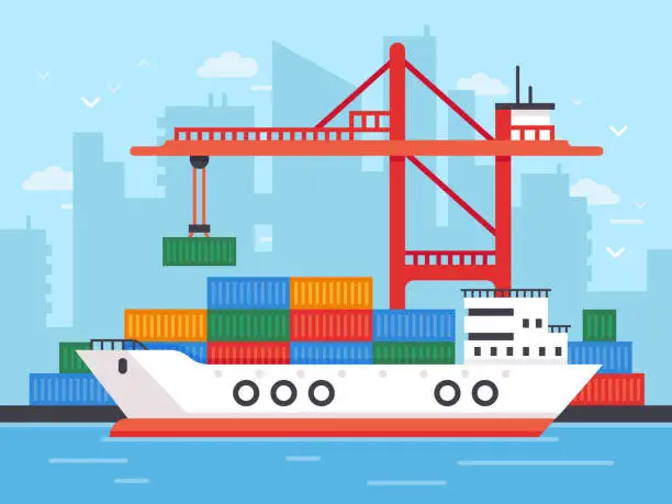 Vector illustration of Flat cargo ship in docks. Harbor crane of shipping port loading containers to marine freight boat vector illustration