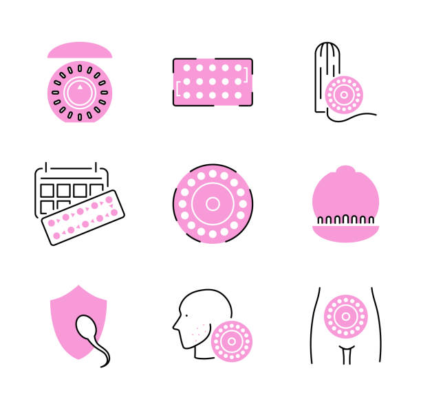 Birth control pills icon collection set. Pregnancy prevention illustration. Birth control pills icon collection set. Pink pregnancy prevention vector illustration. Medical contraceptive pills or drugs to ovulation, fertility and hormonal safety. family planning stock illustrations