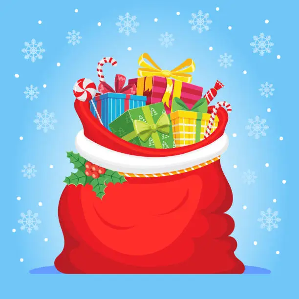 Vector illustration of Santa Claus gifts in bag. Christmas presents sack, pile of sweets gift and xmas vector illustration
