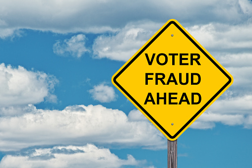 Voter Fraud Ahead Caution Sign Blue Sky Background