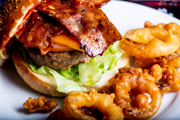 Bacon and cheese burger with onion rings