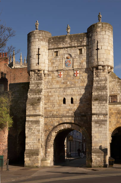 York, Yorkshire, UK - September 27 2024.  Ancient and historic gatehouse on the medieval city wall in the town of York, North Yorkshire