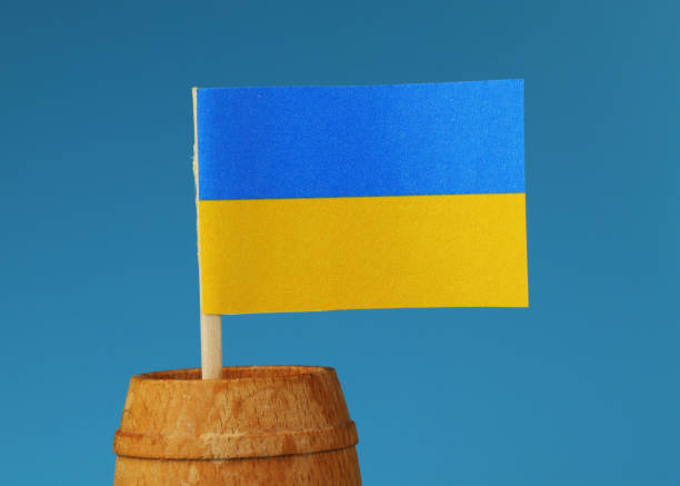 un detalle en la bandera de papel de ucrania en palo de madera de barril de madera - signifier fotografías e imágenes de stock