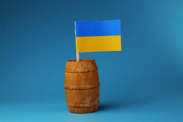 una bella bandiera di carta dell'ucraina su bastone di legno in botte di legno. - signifier foto e immagini stock