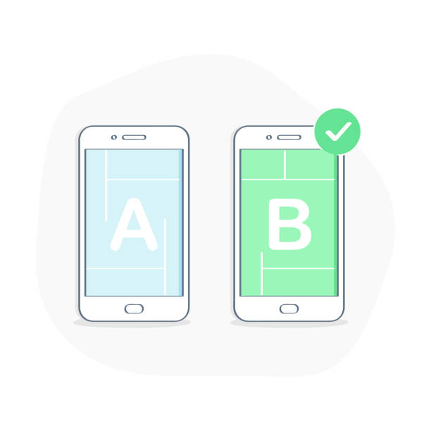 A/B Split Testing Bug Fixing Usability Test - Vector Illustration A/B Testing, Bug Fixing, Usability Test, User Feedback, Comparison of Designs Process on Mobile Phone, Split Testing. Application Development. Flat line isolated vector illustration on white background. laboratory test stock illustrations