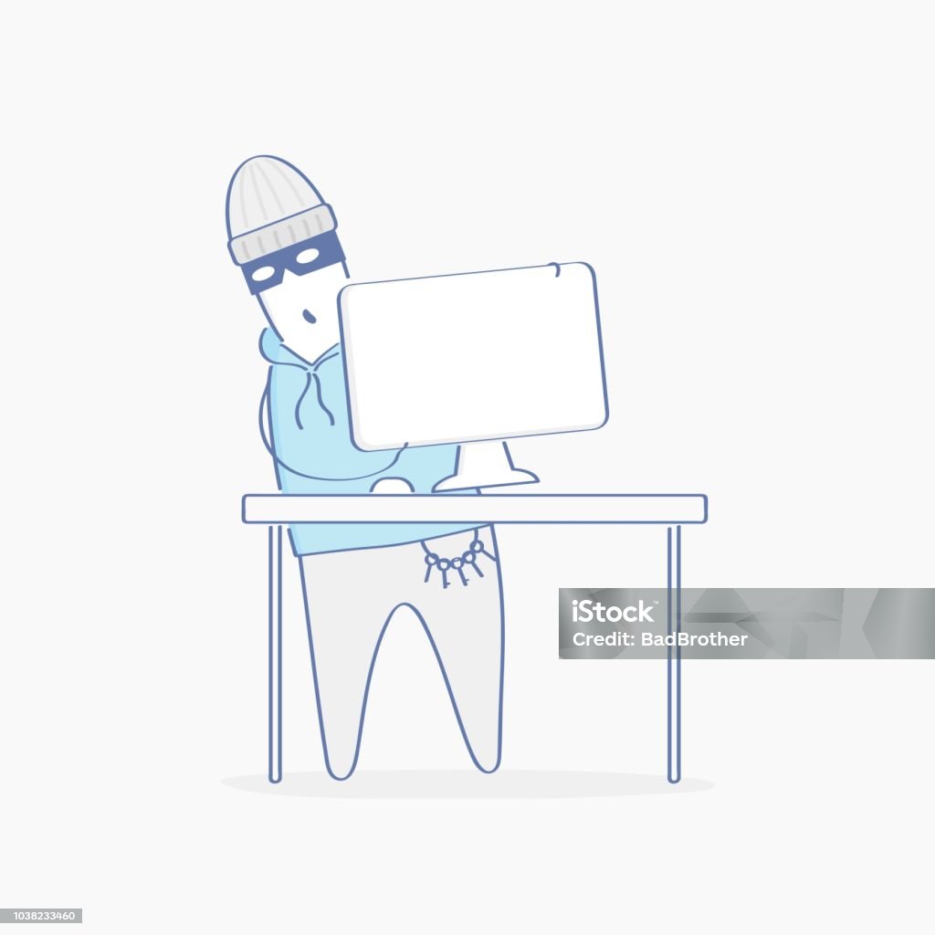 Robber, burglar, hacker, bandit in the mask near computer - Vector Illusration The robber, burglar, hacker, bandit in the mask near computer. Computer hacking, cyber crime, phishing, fraud illustration concept. Cute flat outline criminal and secure cartoon character icon. Danger stock vector