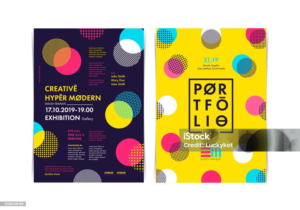 Set of Flyer templates with geometric shapes and patterns, 80s geometric style. Vector illustrations. Pattern stock vector
