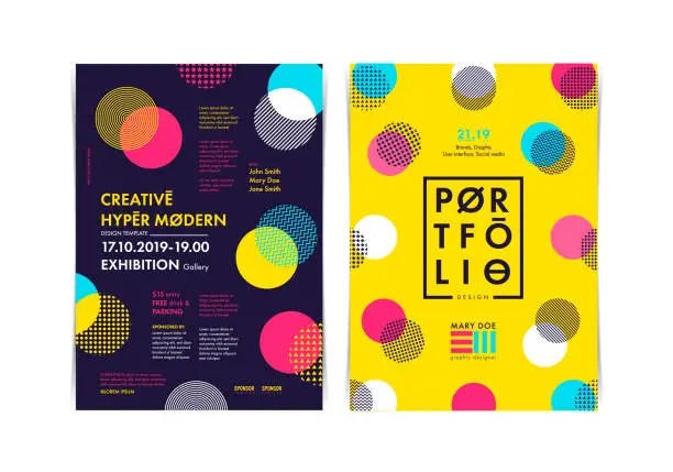 Vector illustration of Set of Flyer templates with geometric shapes and patterns, 80s geometric style. Vector illustrations.