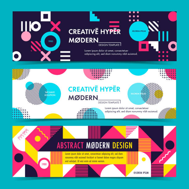 Set of Banner template with geometric shapes and patterns, 80s geometric style. Vector illustrations. Set of Banner template with geometric shapes and patterns, 80s geometric style. Vector illustrations. pop music stock illustrations