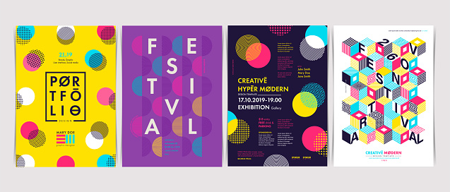 Set of Flyer templates with geometric shapes and patterns, 80s geometric style. Vector illustrations.