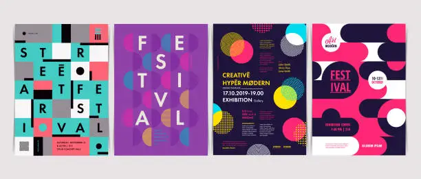 Vector illustration of Set of Flyer templates with geometric shapes and patterns, 80s geometric style. Vector illustrations.